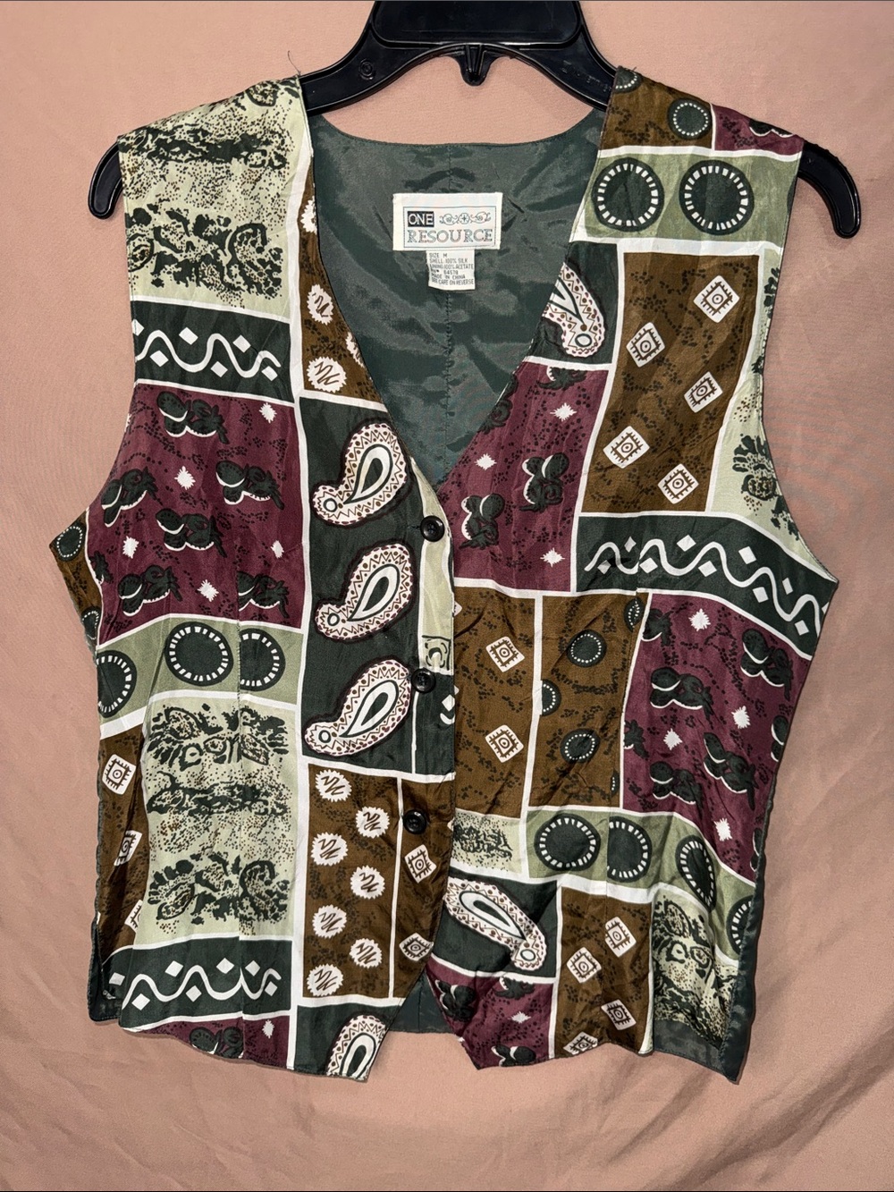 Vintage Women’s Medium One Resource Patchwork Paisley Button-Front Vest Silk.